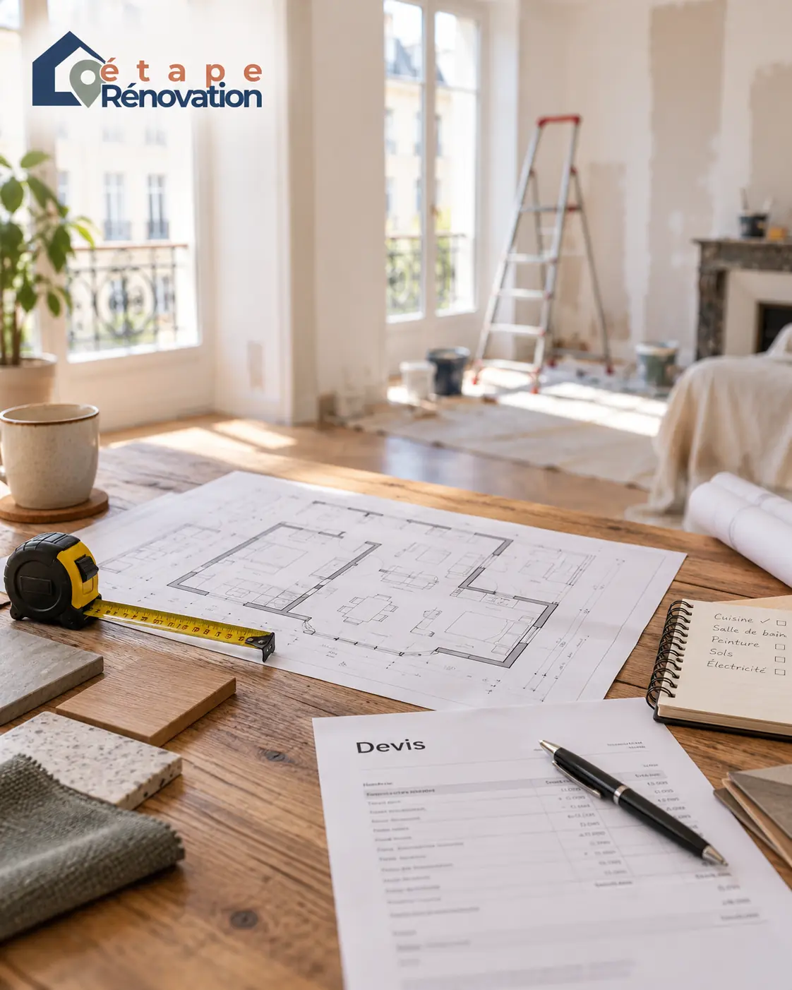 Table avec plans, mètre, carnet et devis pour préparer une rénovation d’appartement