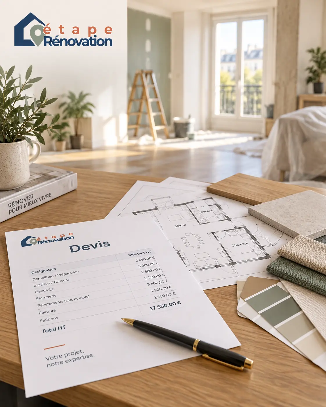 Devis de rénovation, stylo, plans et échantillons de matériaux posés sur une table