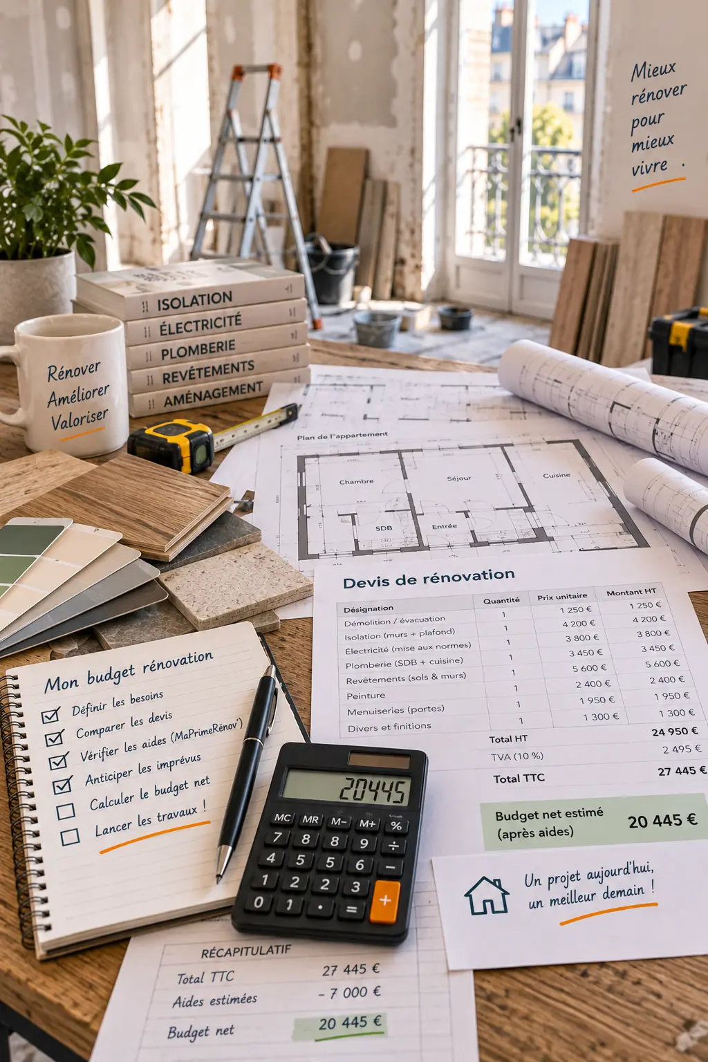 Devis, calculatrice, plans et échantillons de matériaux pour préparer le budget net d'une rénovation d'appartement