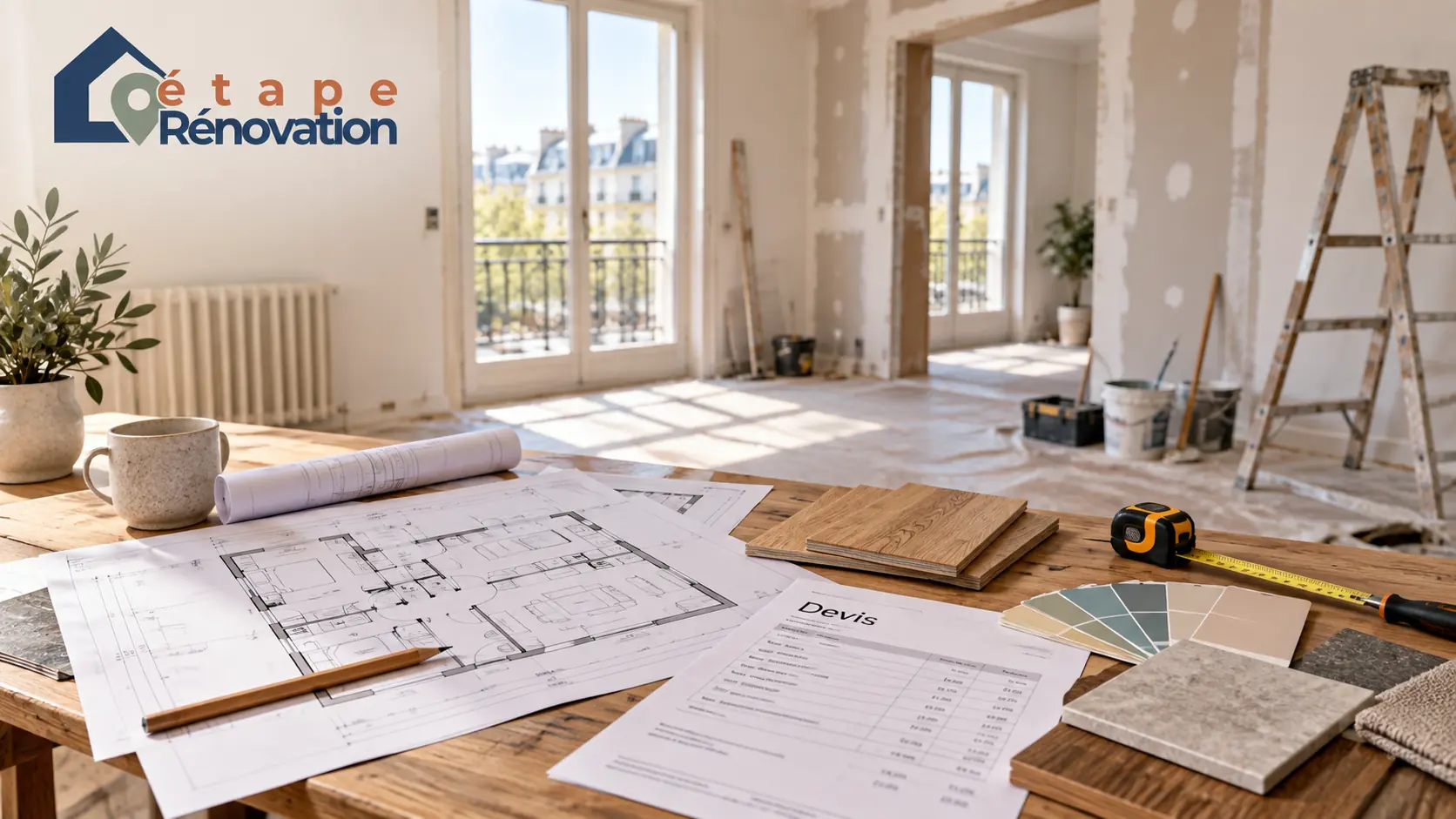 Appartement en rénovation avec plans, devis et matériaux posés sur une table