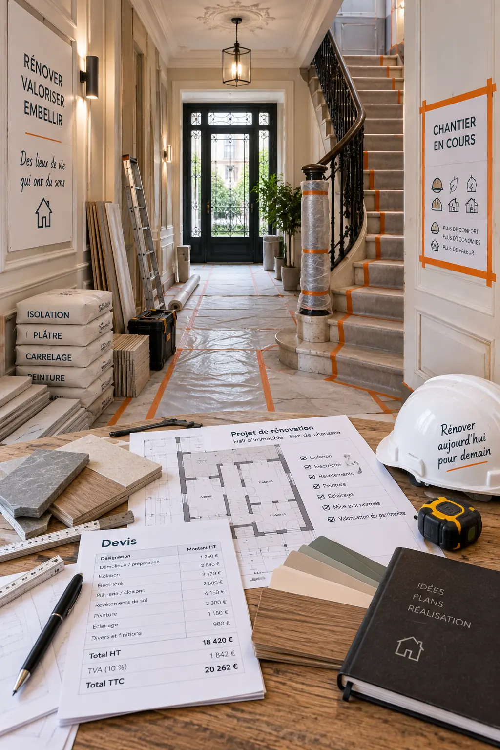 Hall d’immeuble avec protection de chantier, plans de rénovation et matériaux propres