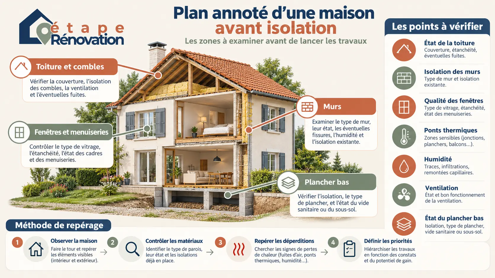Plan annoté d’une maison avec toiture, murs, fenêtres et plancher à examiner avant des travaux d’isolation
