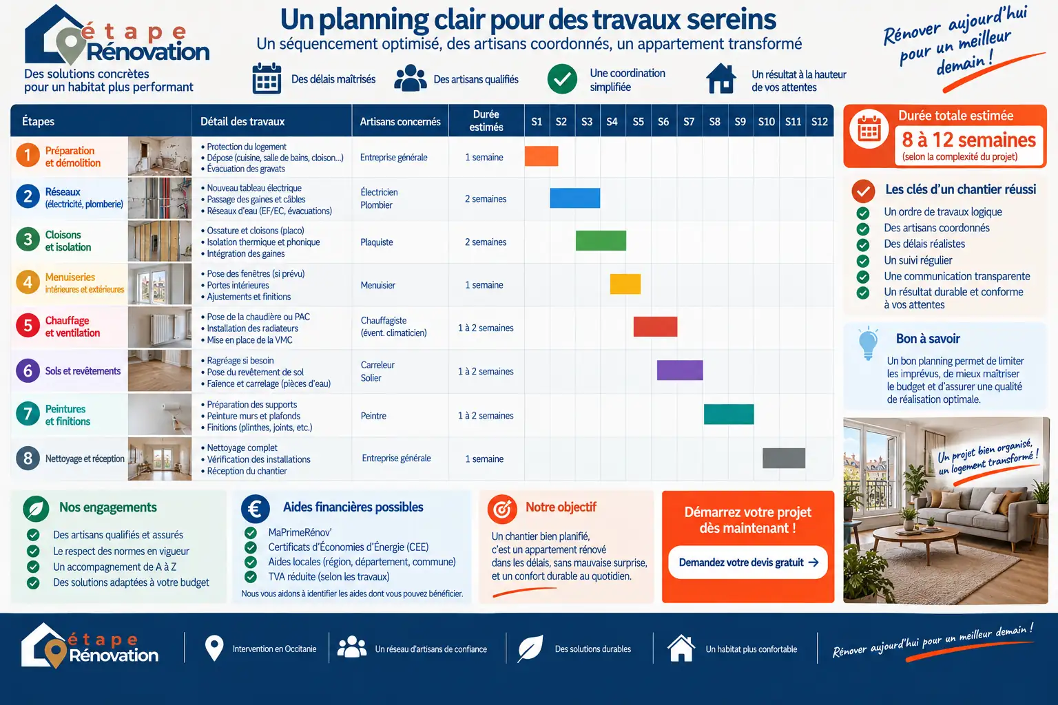 Planning de chantier avec artisans, calendrier et séquencement des travaux d’appartement