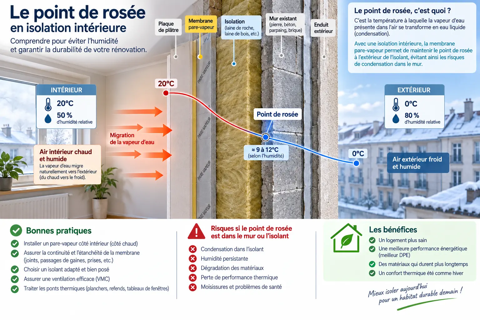 Schéma pédagogique du point de rosée derrière une isolation intérieure avec membrane pare-vapeur