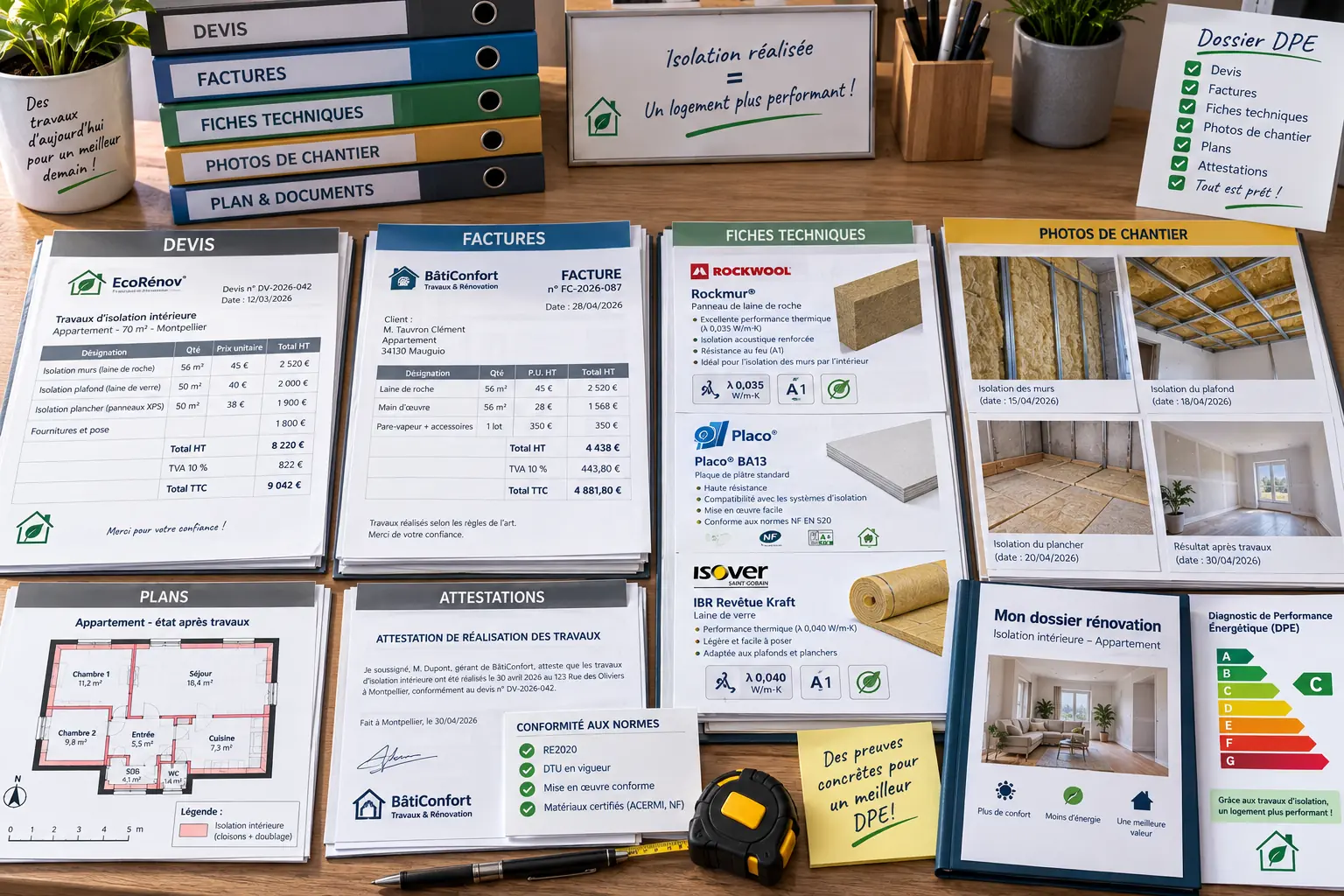 Factures, fiches techniques, photos de chantier et documents classés pour justifier une isolation lors du DPE