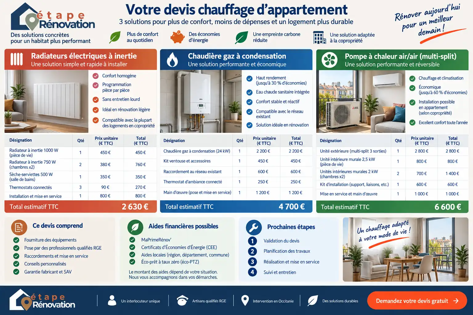 Devis de chauffage d’appartement avec radiateur, chaudière et pompe à chaleur