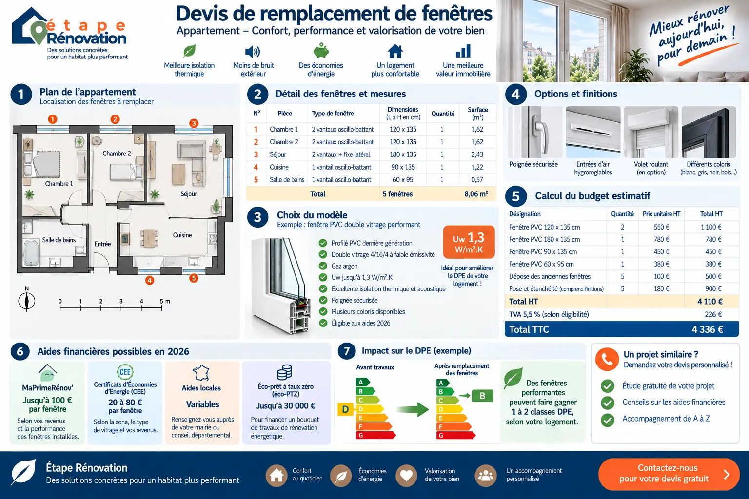 Devis de remplacement de fenêtres d’appartement avec plans, mesures et calcul du budget