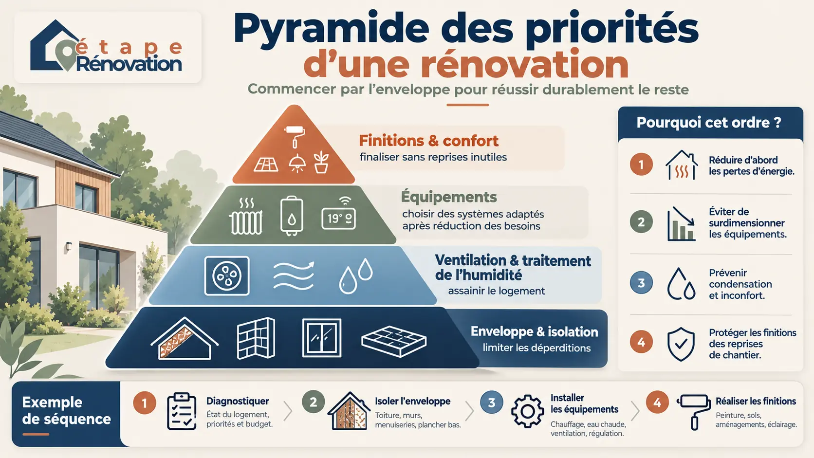 Pyramide des priorités d’une rénovation montrant l’enveloppe et l’isolation avant les équipements et finitions