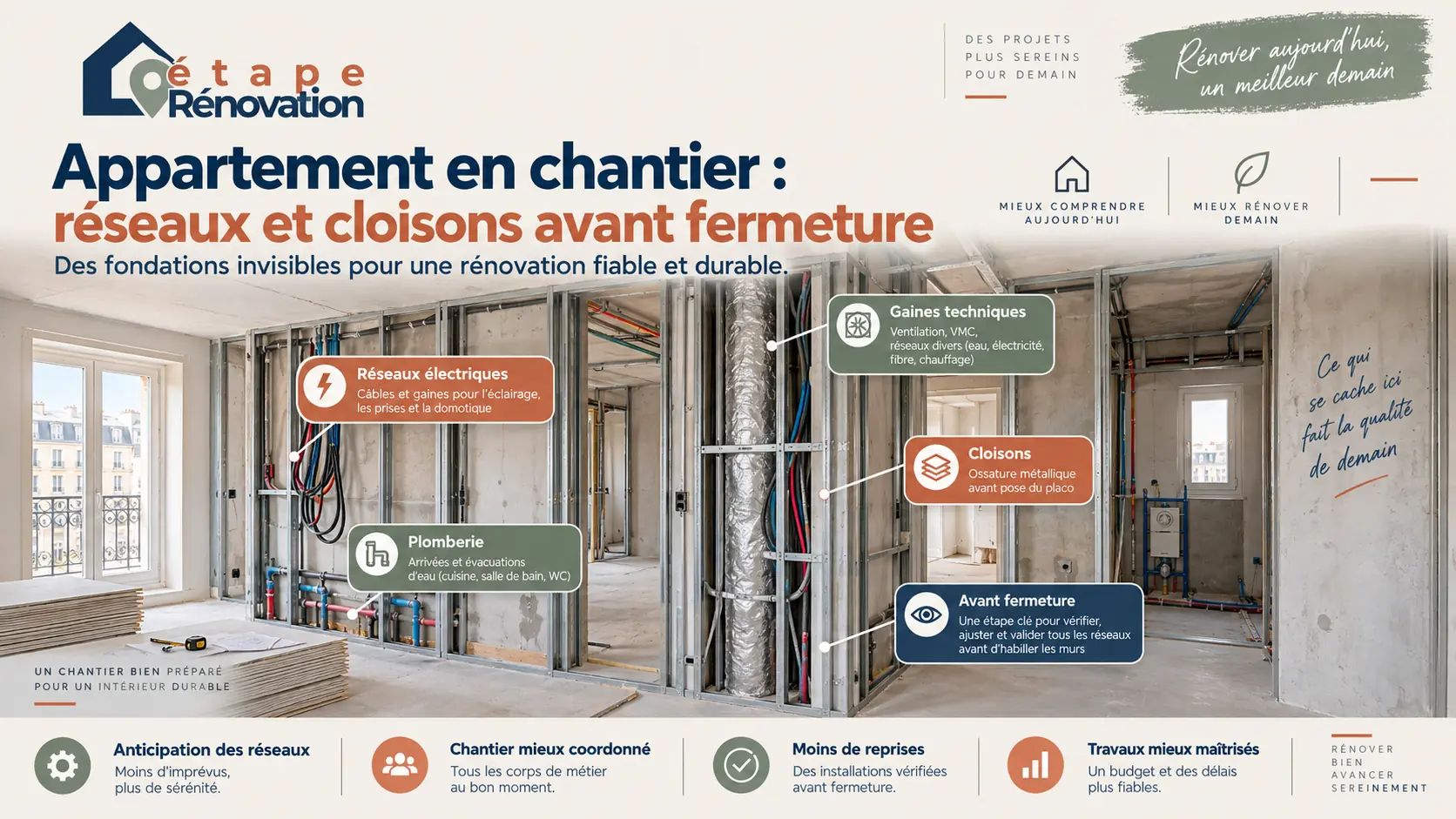Appartement en chantier avec réseaux électriques, plomberie, cloisons et gaines avant fermeture