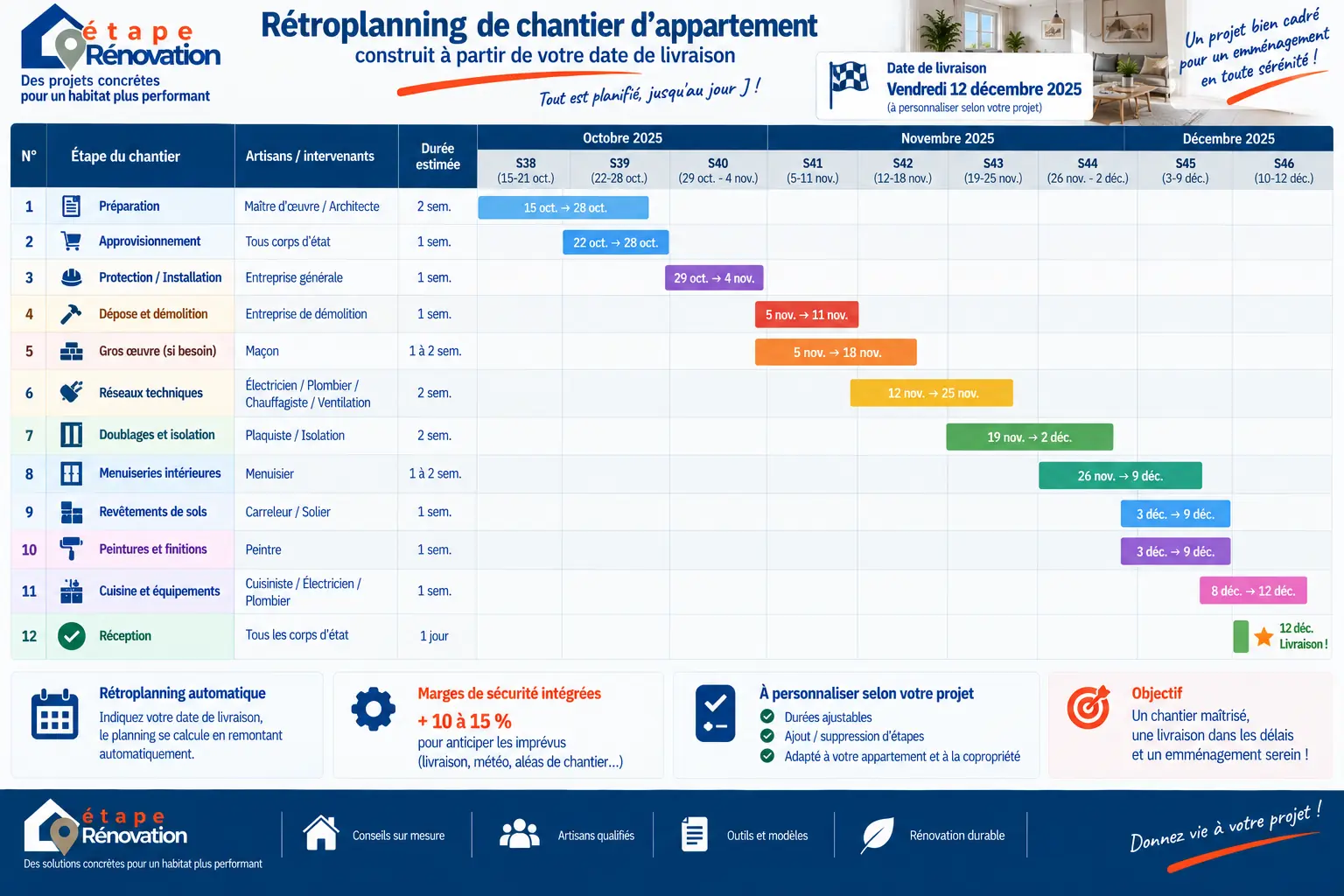 Rétroplanning de chantier d’appartement construit à partir d’une date de livraison
