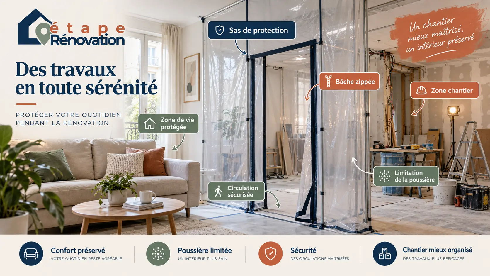Sas de protection avec bâche zippée entre une zone de chantier et une pièce de vie dans un appartement en rénovation