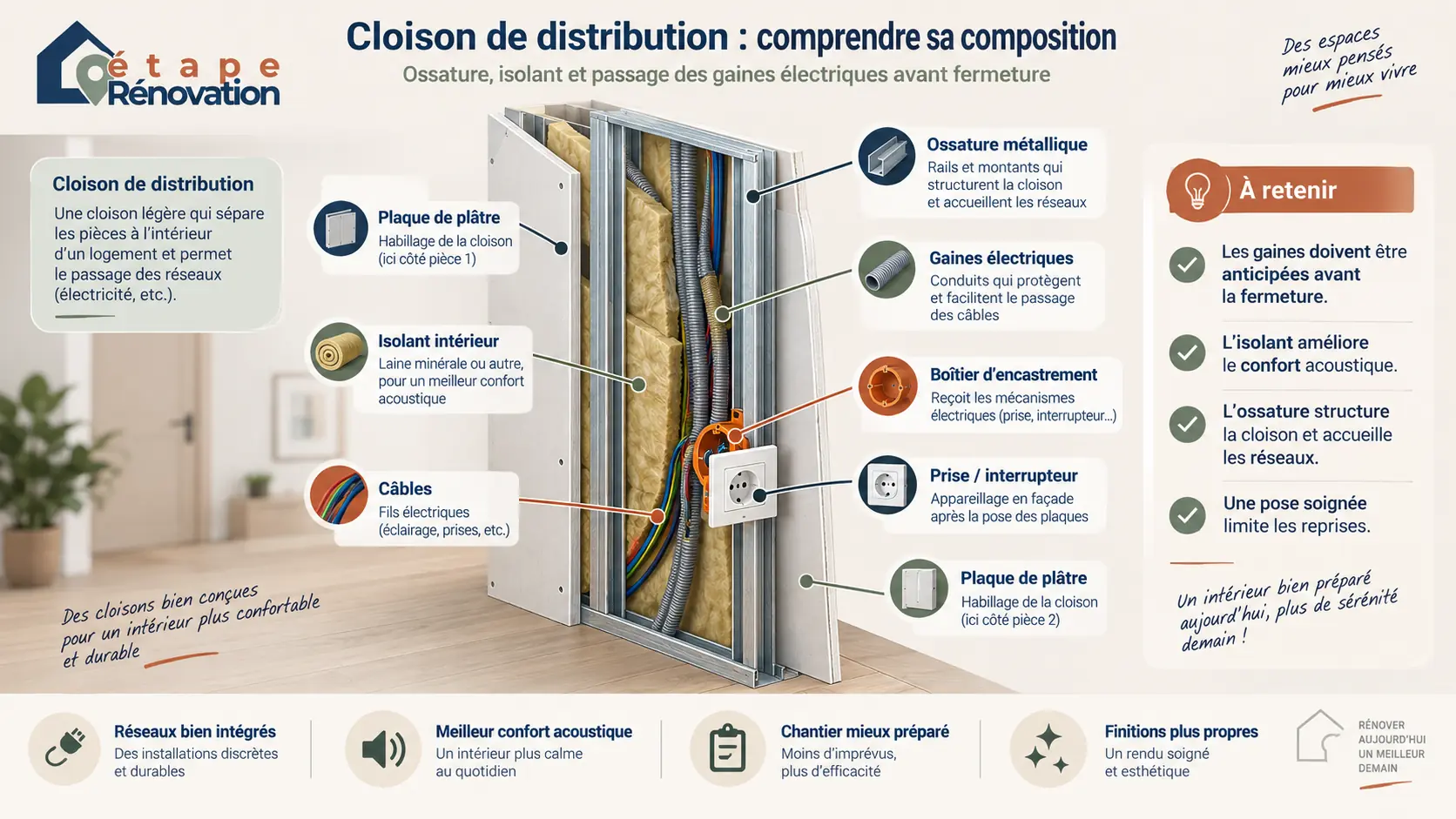 Schéma de coupe d’une cloison de distribution avec ossature, isolant et passage des gaines électriques