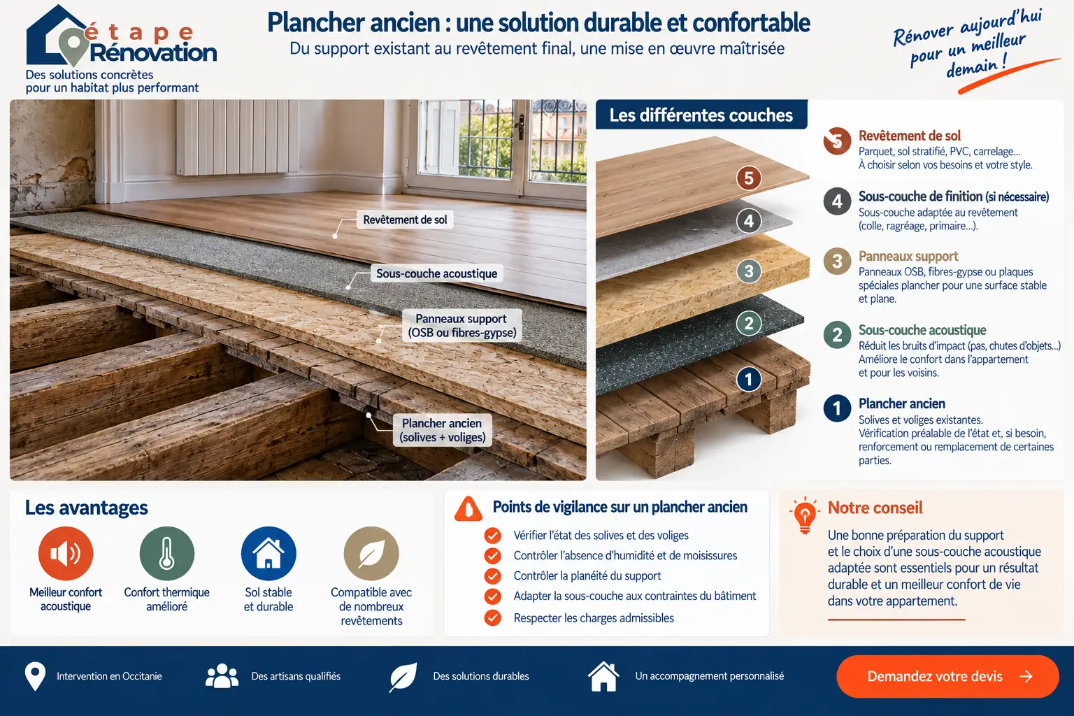Plancher ancien, sous-couche acoustique et revêtement de sol dans un appartement