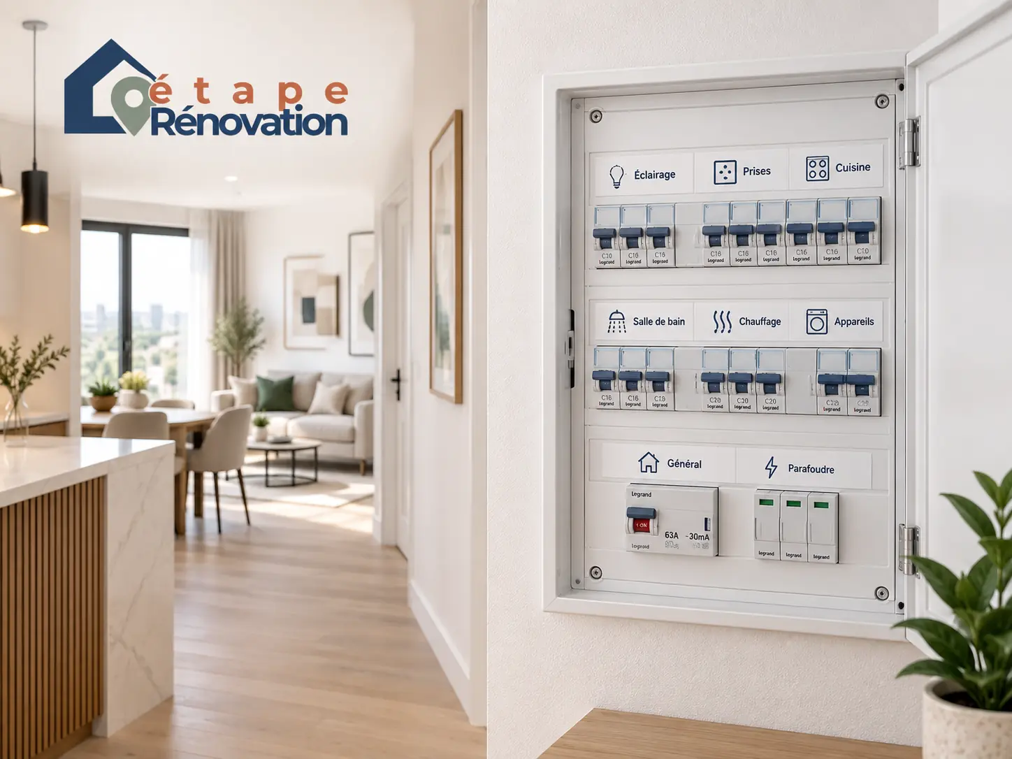Tableau électrique neuf avec circuits repérés dans un appartement rénové