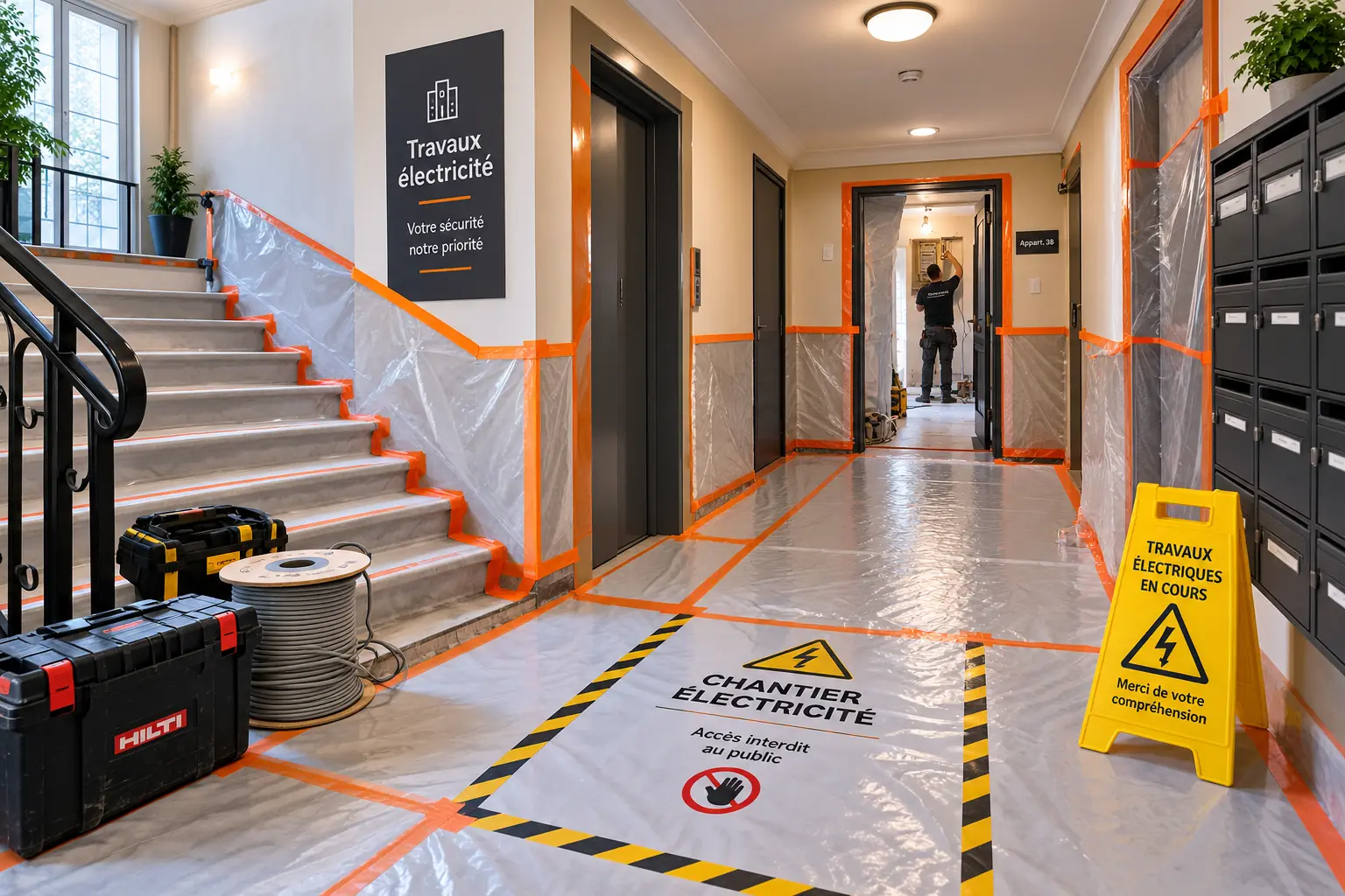 Hall d’immeuble protégé pendant des travaux électriques en appartement
