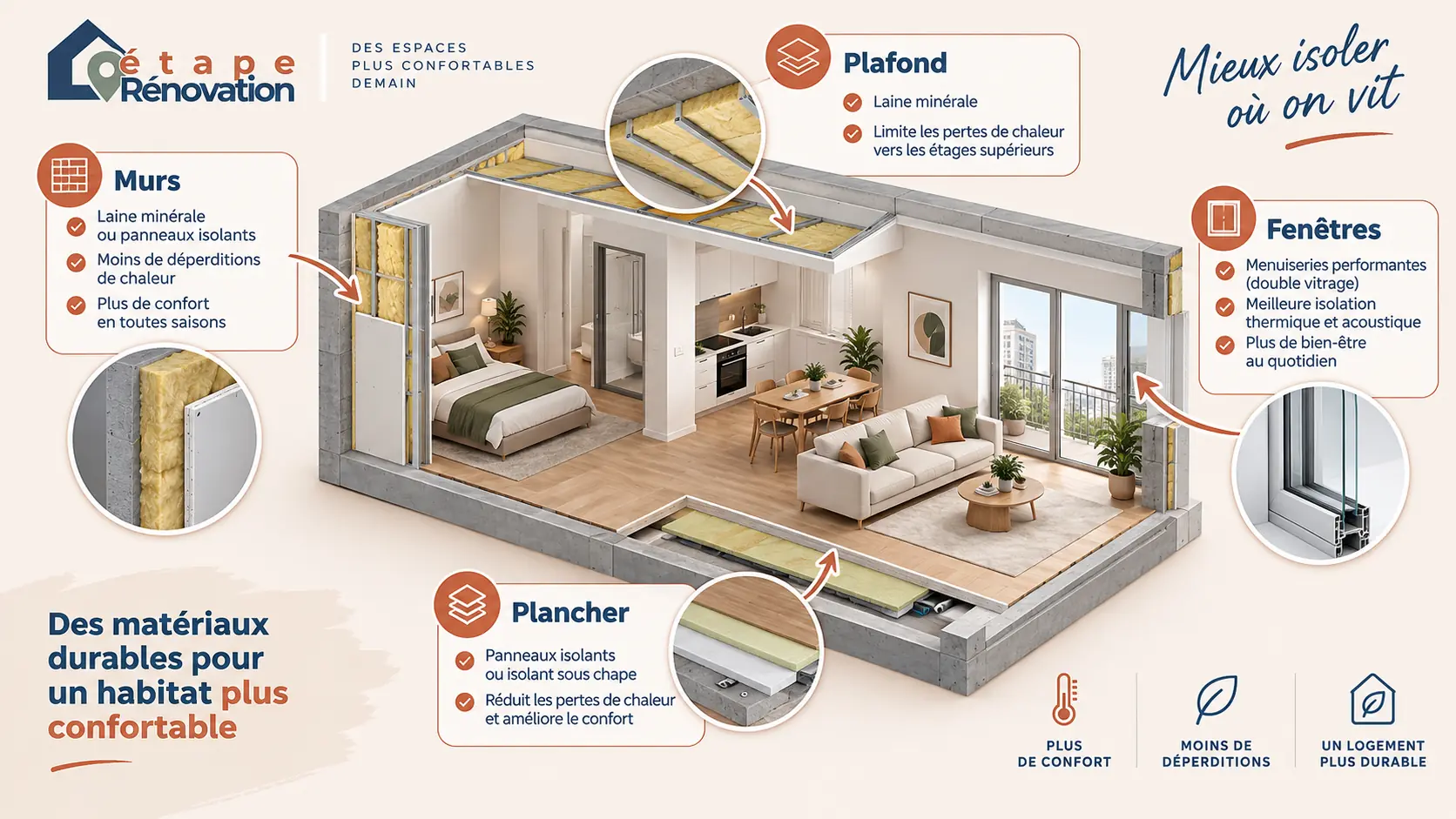 Matériaux et zones à isoler dans un appartement avec murs, plafond, plancher et fenêtres