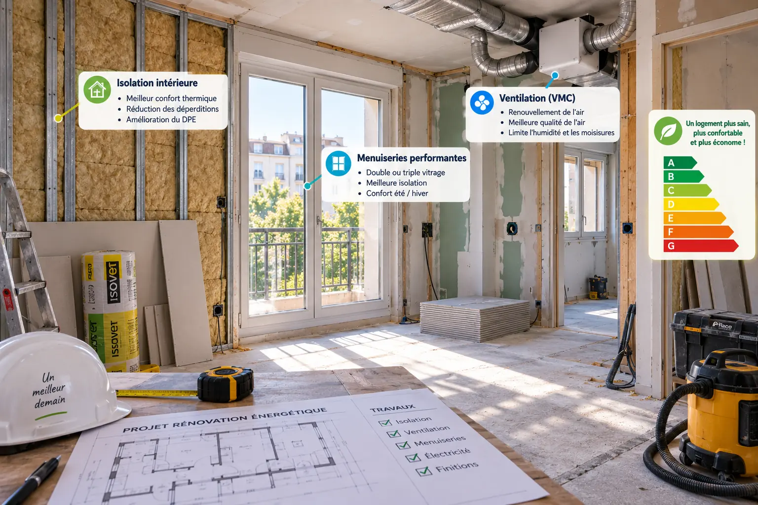 Appartement en rénovation énergétique avec isolation intérieure, ventilation et menuiseries