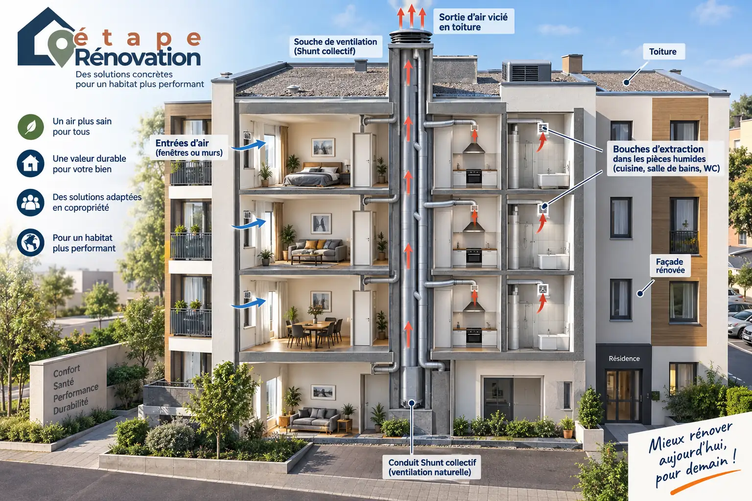 Immeuble en copropriété avec gaines de ventilation, toiture et façade
