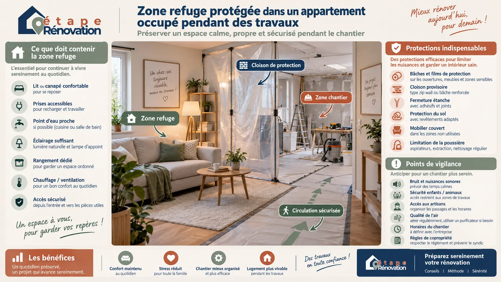Zone refuge protégée dans un appartement occupé pendant des travaux